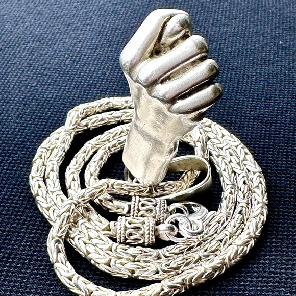 .925 Silver Figa Amulet On 24" Byzantine Chain / 80 GRAMS OF SILVER !!! - Picture 1 of 12